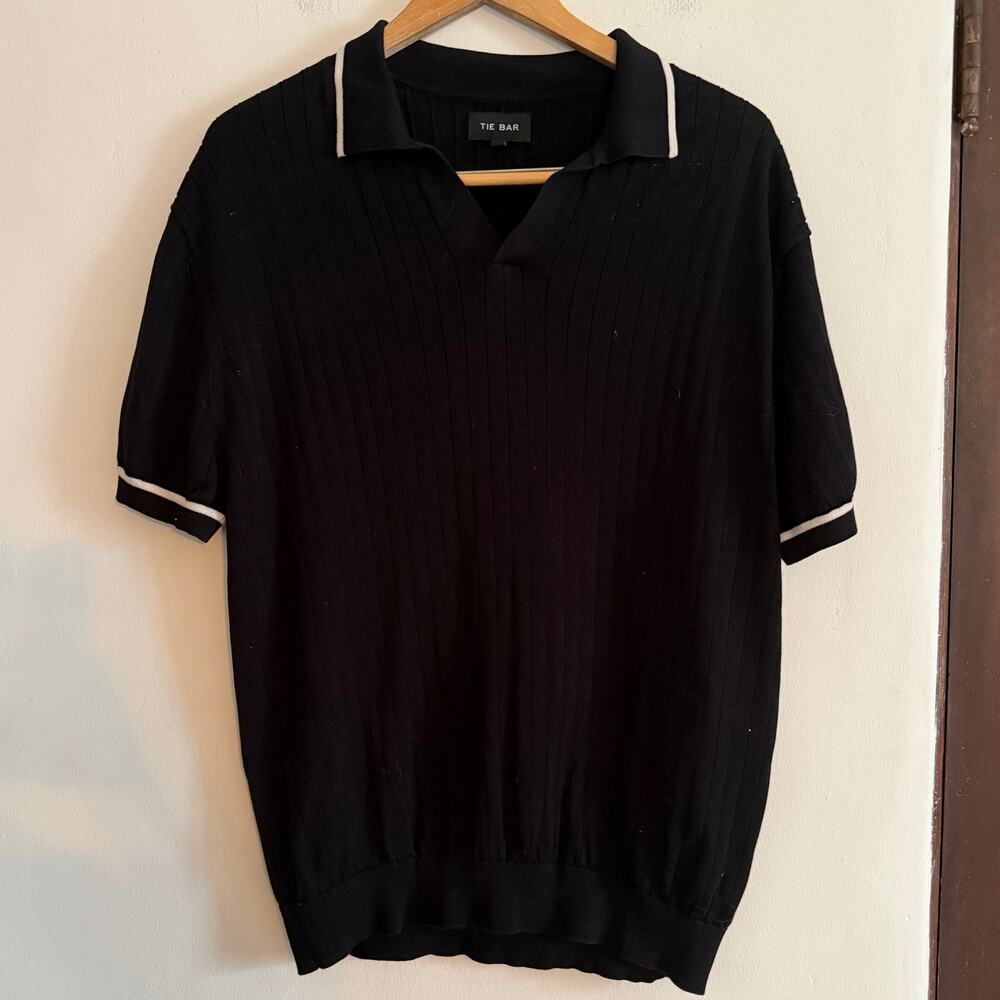 TIE BAR Black Men's Ribbed Cotton Knit Bolo Shirt with White Trim Large